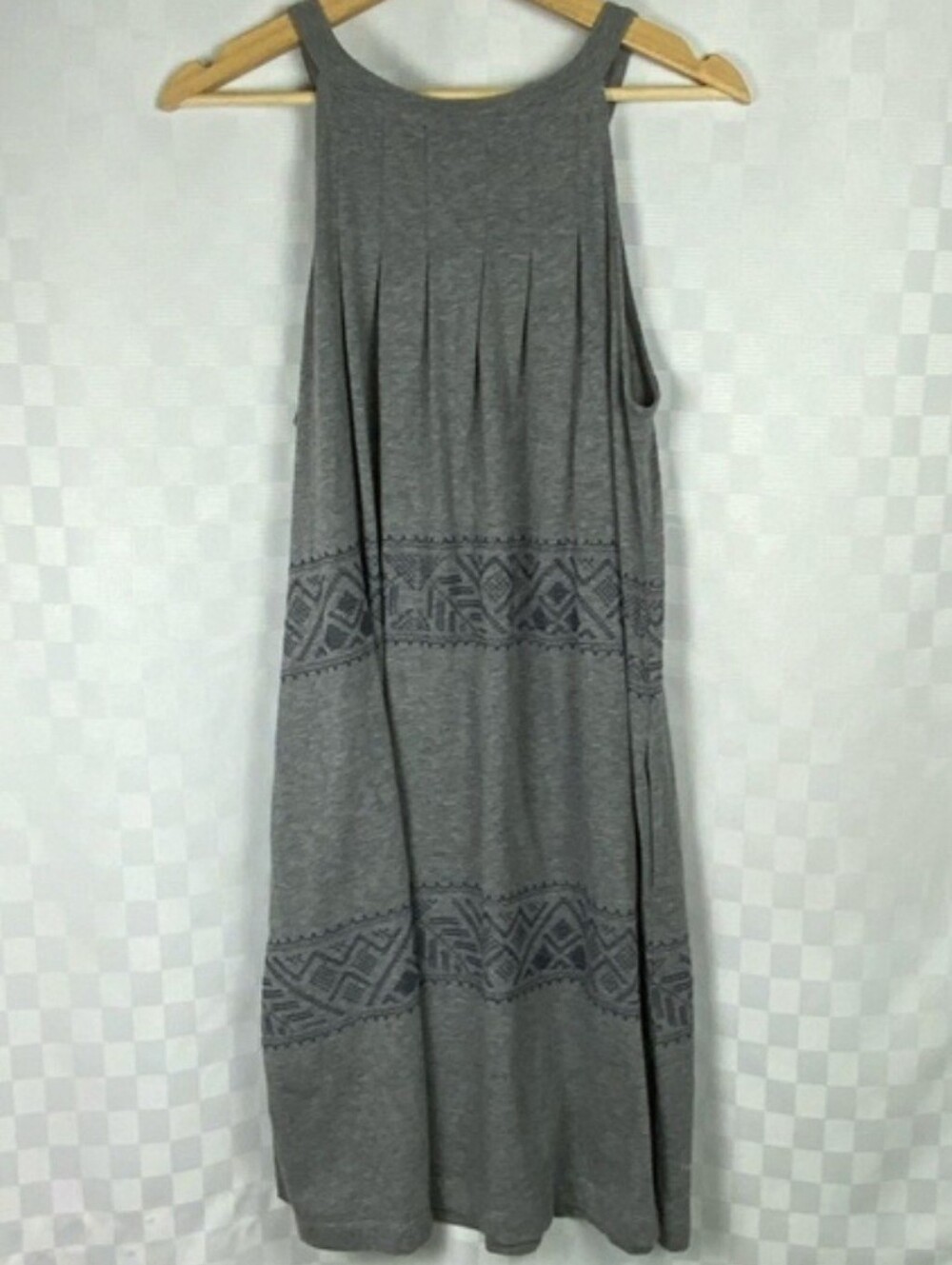 GAP Gray Tank Dress Navy Embroidered Pattern Size Medium Pleated Pockets Drapey